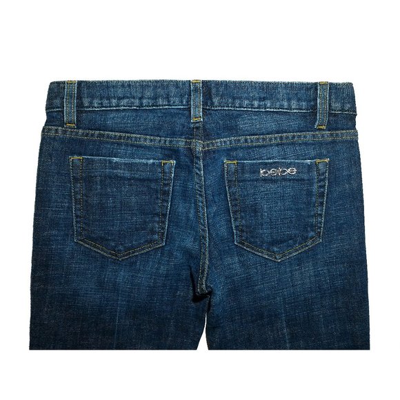 Bebe Dark Denim Twill LowRise Boot Jeans Rhinestone Buttons + Pocket Pin 29W/31L - Picture 12 of 14